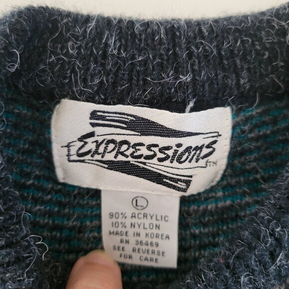 Vintage Expressions Geometric Acrylic Sweater Gray Turquoise Size Large EUC - Picture 3 of 11